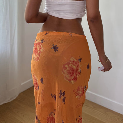Vintage Orange Floral Mesh Maxi Skirt Sheer Double Layer Italian Y2K (S)