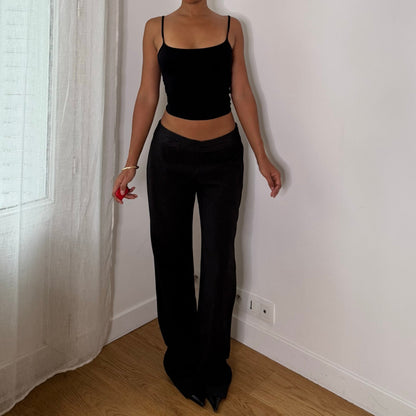 European vintage Y2K black & white pinstripe low-rise trousers with flared wide legs
