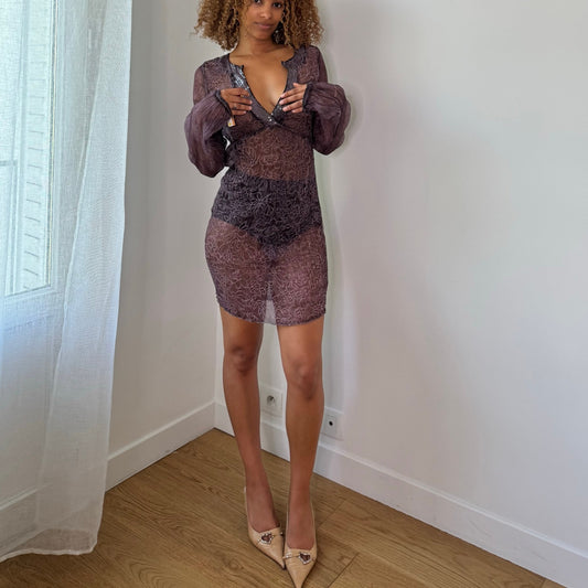 Vintage Purple Silk Mesh Mini Dress Floral Sheer Sequin Italian Y2K (S)