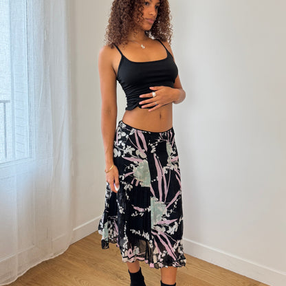 Vintage Black Pink Floral Mesh Midi Skirt Abstract Print Italian Y2K (XS/S)