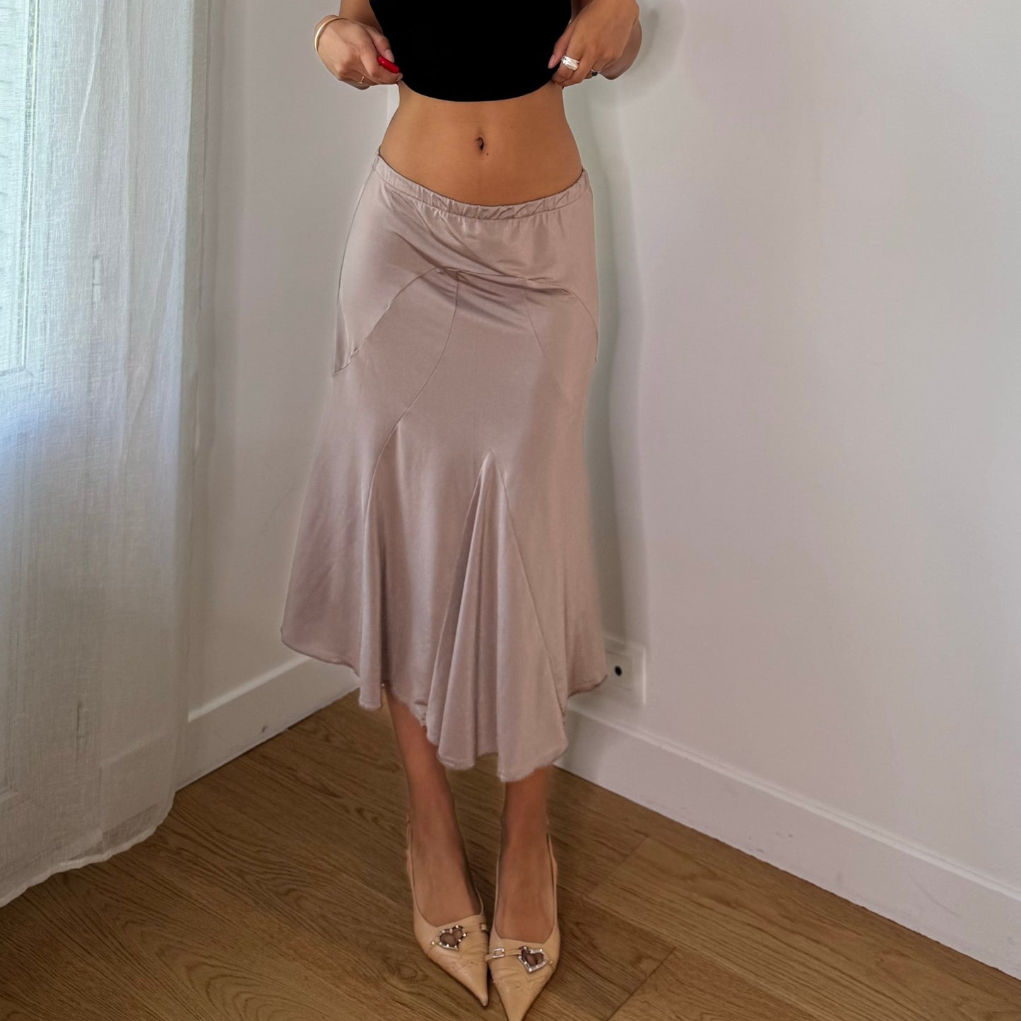 Vintage Taupe Beige Slinky Asymmetrical Midi Skirt Italian Y2K (S)