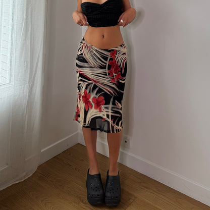 Vintage Black Red Floral Mesh Midi Skirt Double Lined Euro Y2K (S)