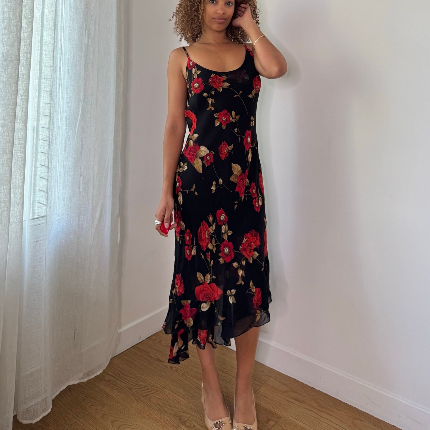 Vintage Black Red Floral Mesh Midi Dress Sheer Layer Italian Y2K (S/M)