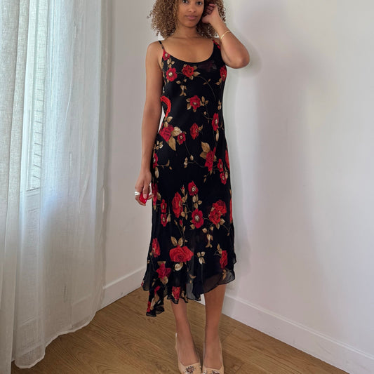 Vintage Black Red Floral Mesh Midi Dress Sheer Layer Italian Y2K (S/M)
