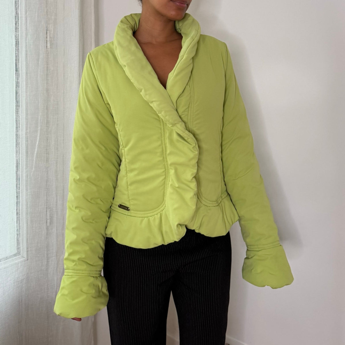 Italian vintage lime green padded jacket with oversized shawl collar