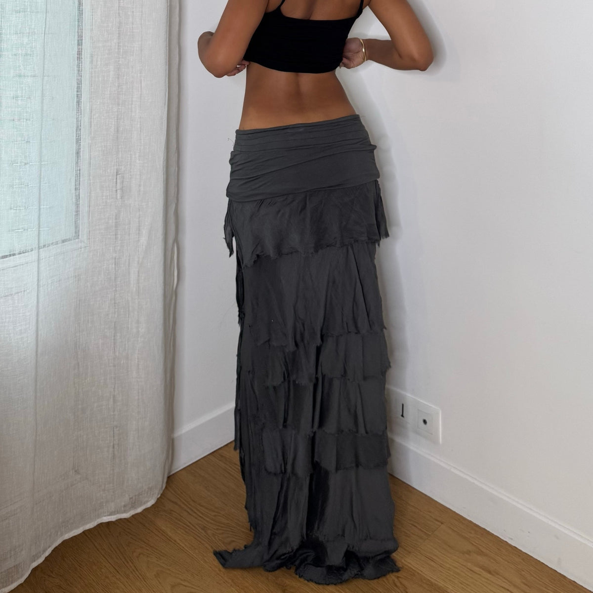 Italian vintage Y2K charcoal grey tiered maxi skirt with silk mesh ruffles and ruched waist