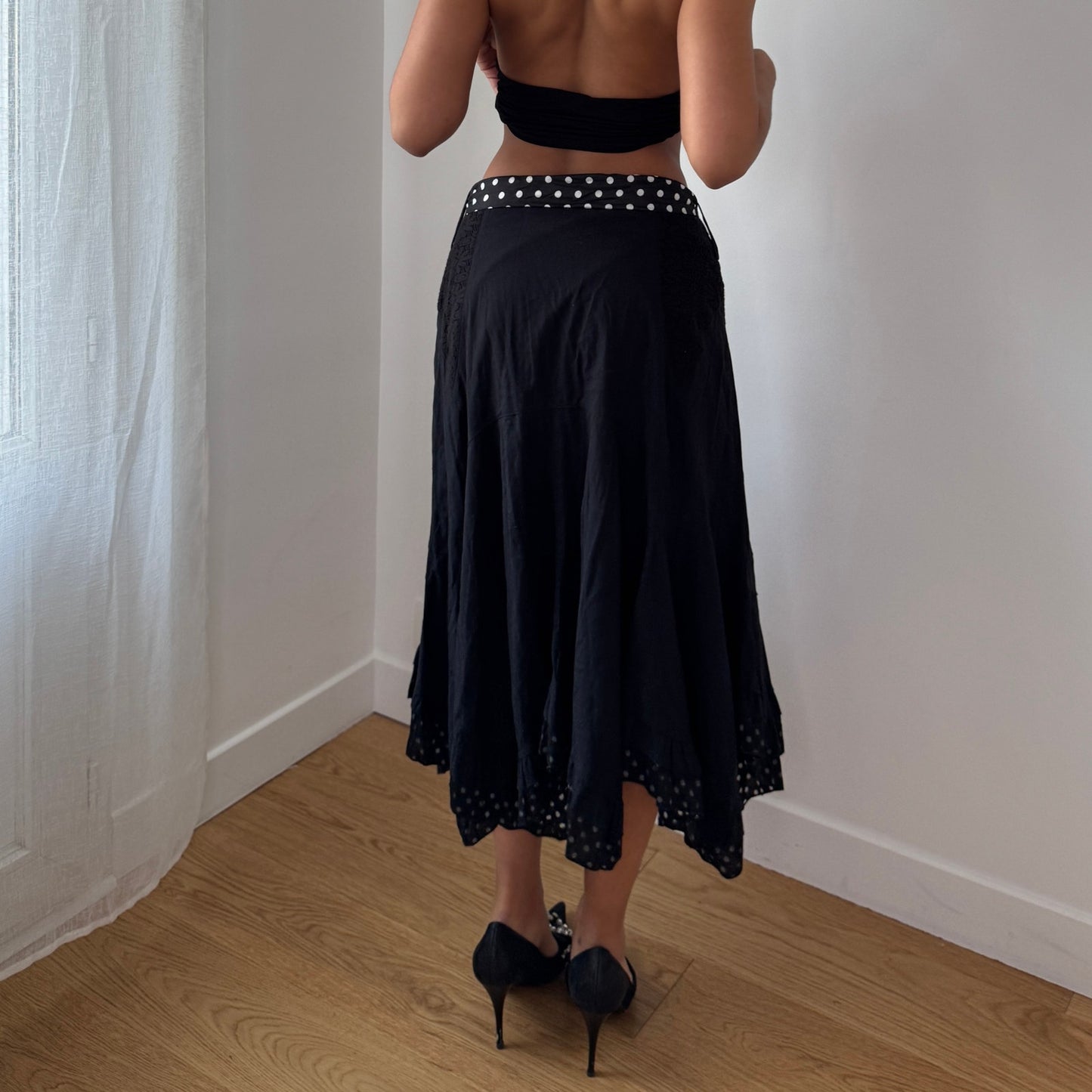 Vintage Black Cotton Eyelet Midi Skirt Polka Dot Bow Y2K French (S)