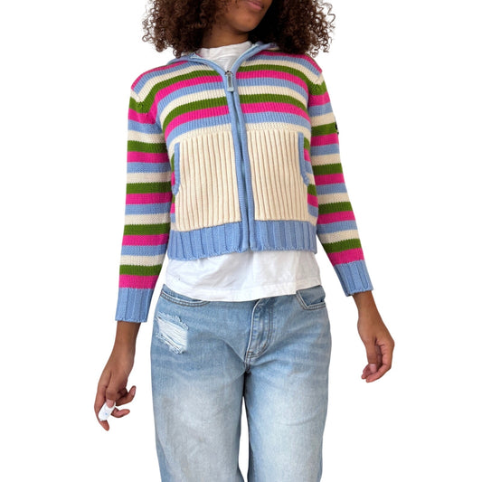 Vintage Euro striped knit zip-up hoodie with ribbed panels & logo detail (Small)