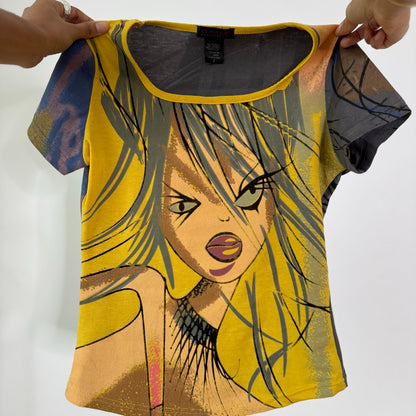 Vintage Custo Barcelona Yellow Graphic Girl Cotton Baby Tee Y2K (S)