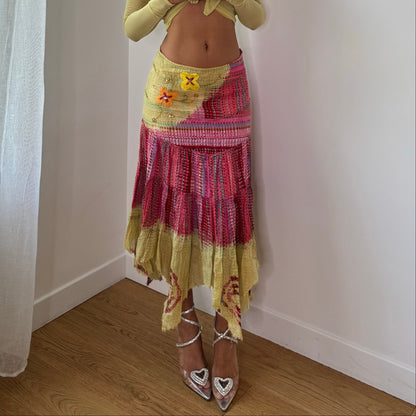 Vintage Yellow Pink Patchwork Handkerchief Maxi Skirt Italian Deadstock (S)