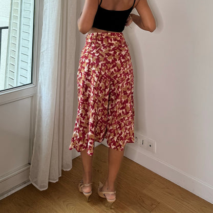 Vintage 90s Italian 100% Silk Abstract Print Midi Skirt