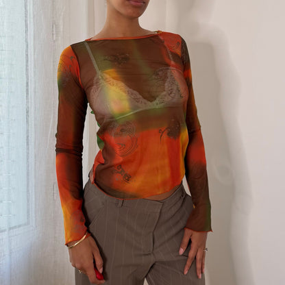 Euro Vintage Orange Brown Green Abstract Print Semi Sheer Mesh Long Sleeve Top