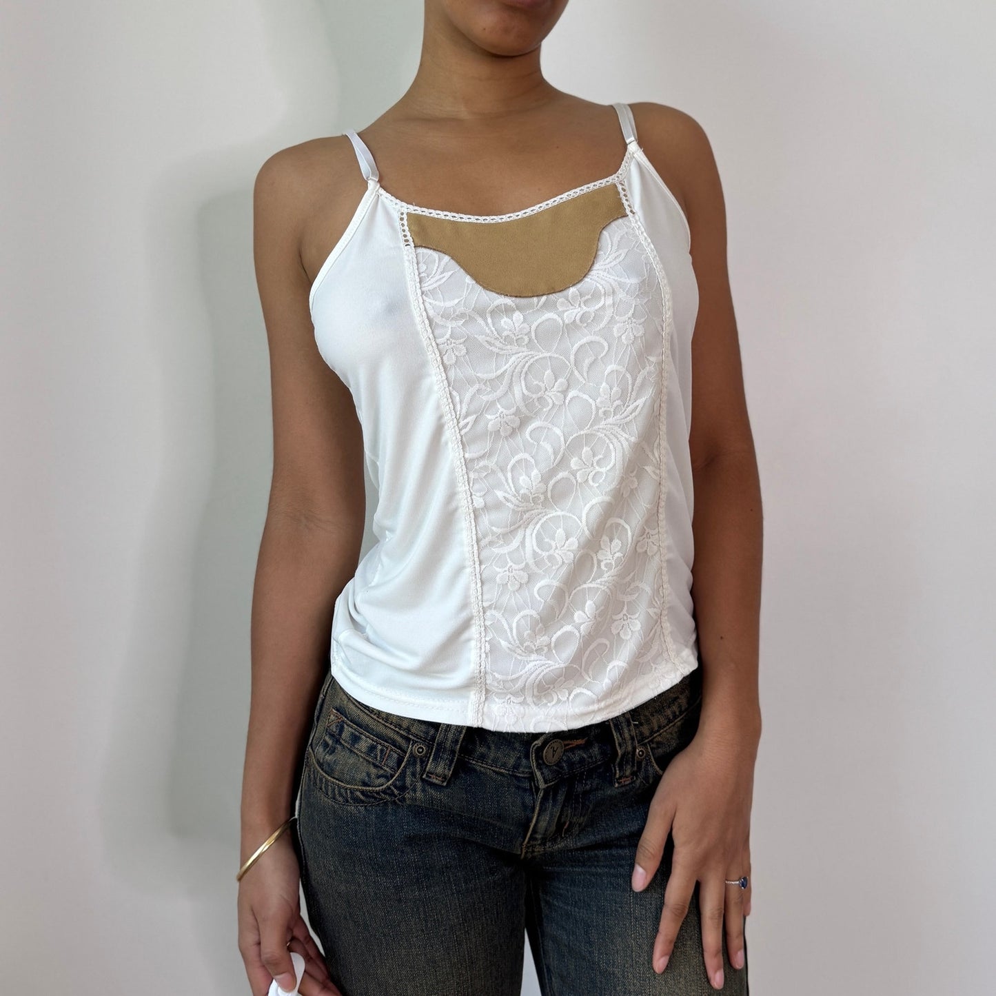 Vintage White Lace Panel Slinky Cami Top Italian Y2K Fairy Top (S/M) ⠀