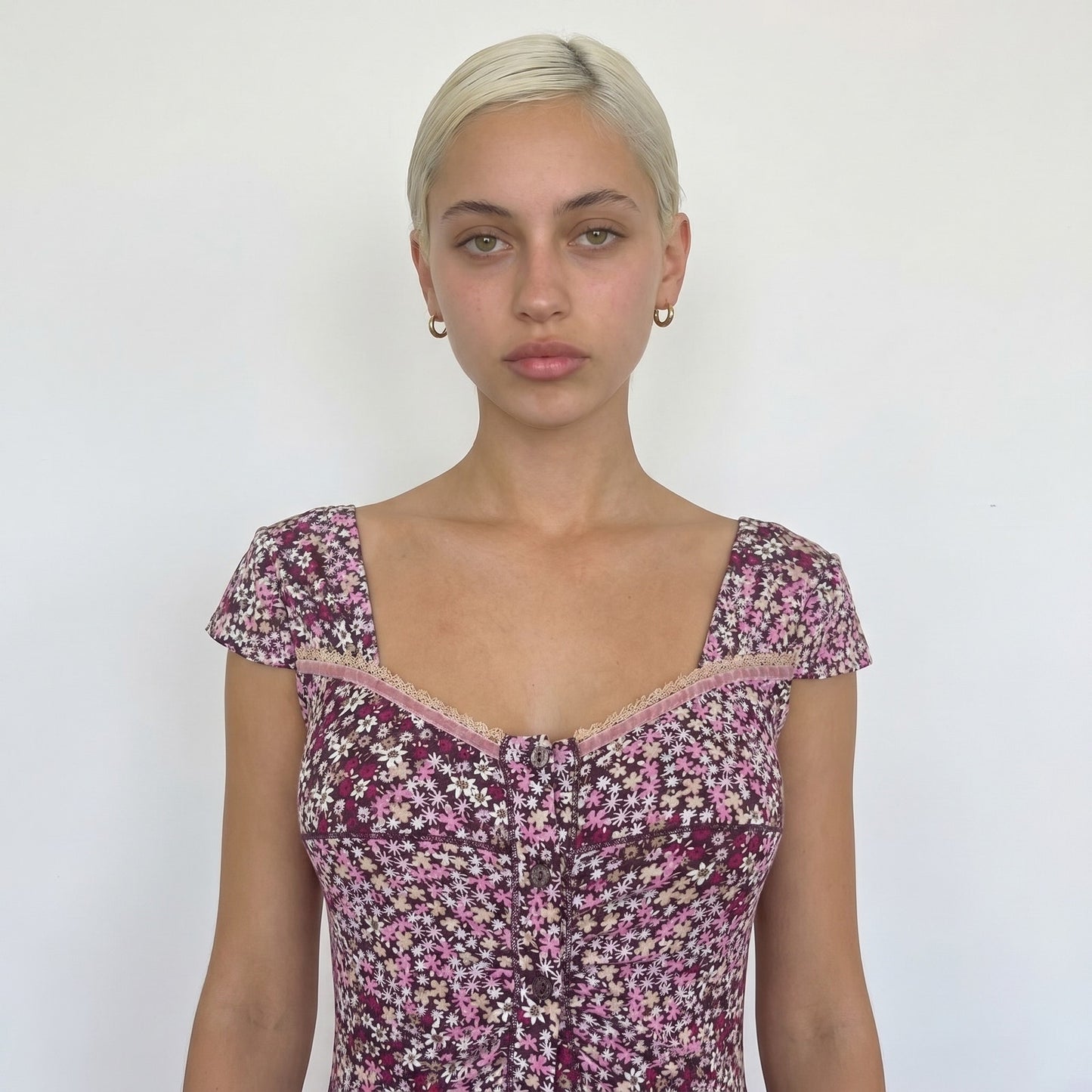 Vintage Liu Jo Floral Mini Dress Ruched Lace Trim Y2K Slinky Dress (S)