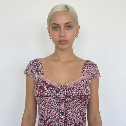 Vintage Liu Jo Floral Mini Dress Ruched Lace Trim Y2K Slinky Dress (S)