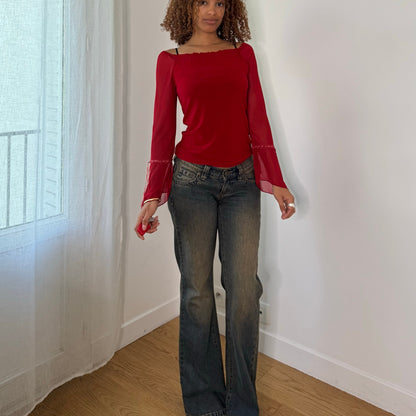 Vintage Red Burgundy Sheer Mesh Bell Sleeve Top Italian Y2K (S/M)