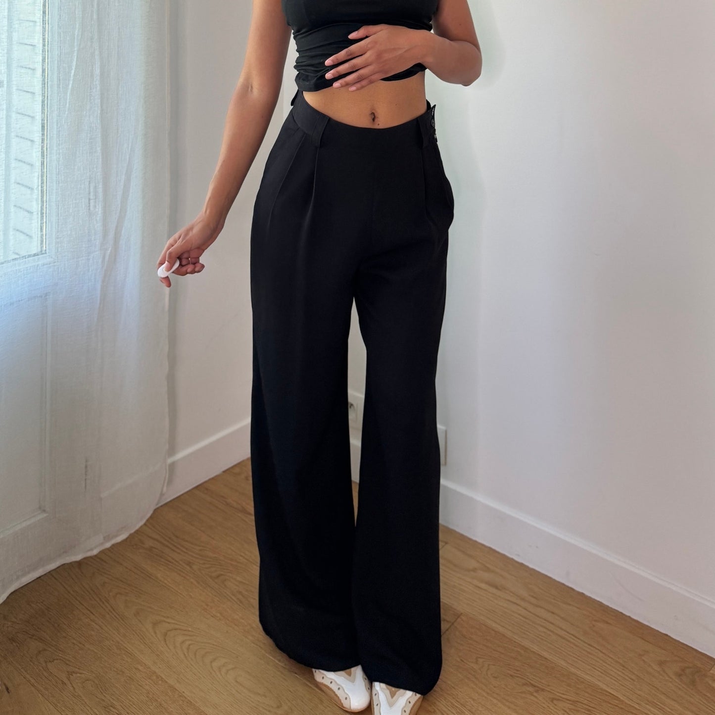 Vintage Black High Waist Wide Leg Tailored Trousers Y2K (XS/S)