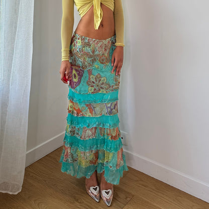 Vintage Turquoise Floral Mesh Tiered Maxi Skirt Dehry Y2K (S/M)