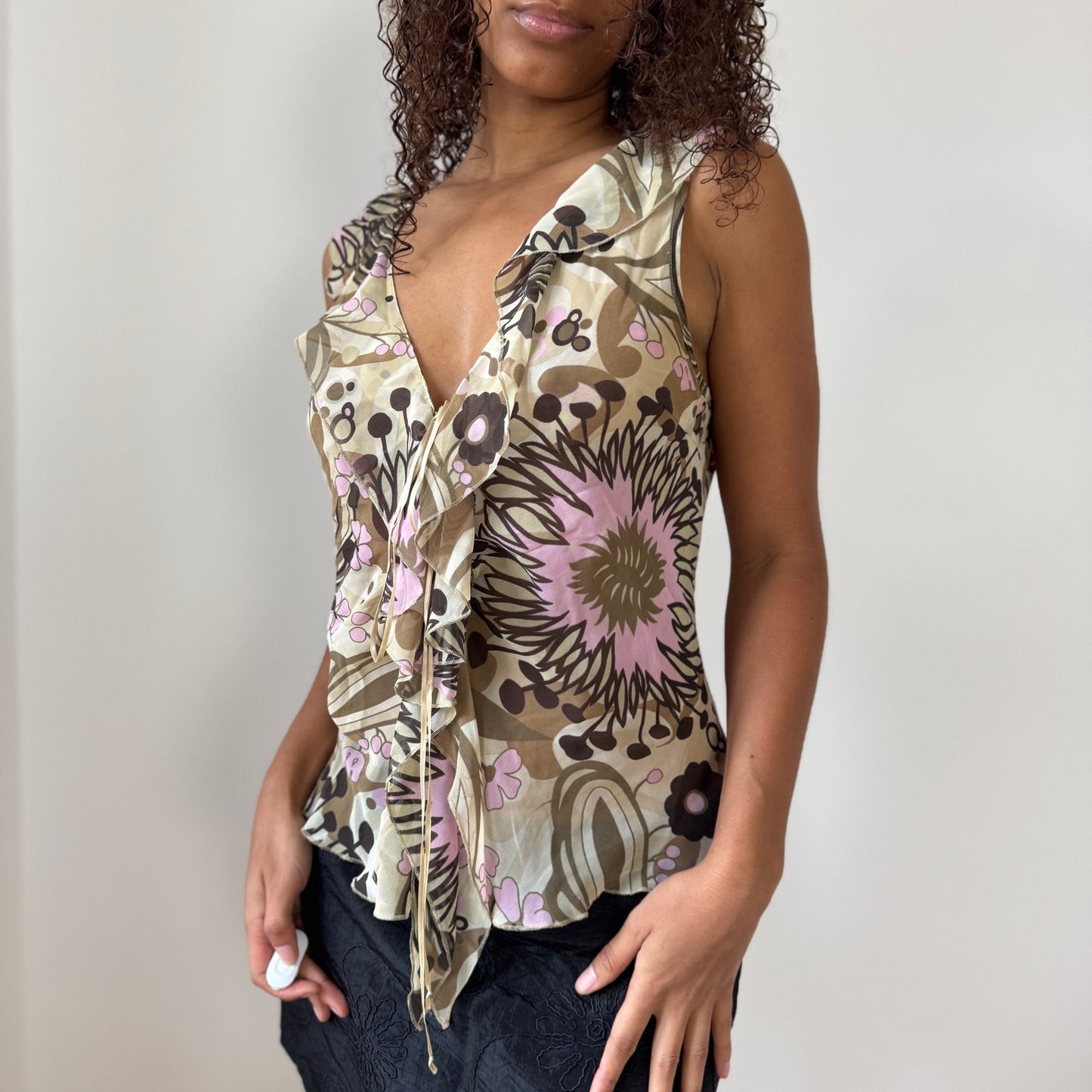 Vintage Y2K mesh abstract floral lace-up top (M)