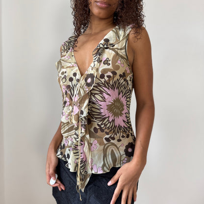 Vintage Y2K mesh abstract floral lace-up top (M)