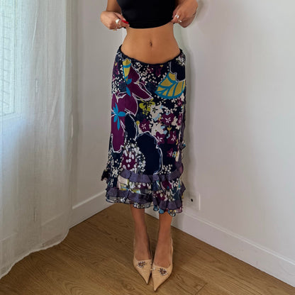 Vintage Navy Purple Blue Floral Ruffle Midi Skirt Italian Y2K (S/M)