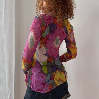 Vintage Antik Batik Silk Floral Mesh Embellished Top Beaded Boho Y2K (S/M)