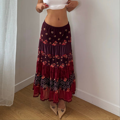 Vintage Burgundy Embroidered Tiered Maxi Skirt Italian Y2K (S/M)