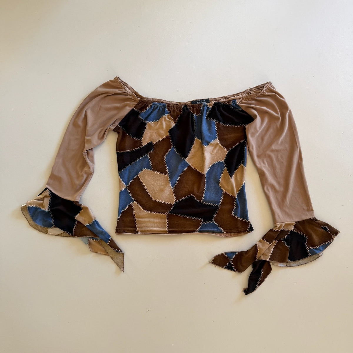 French vintage brown & blue patchwork print top with off shoulder neckline and flared sleeves