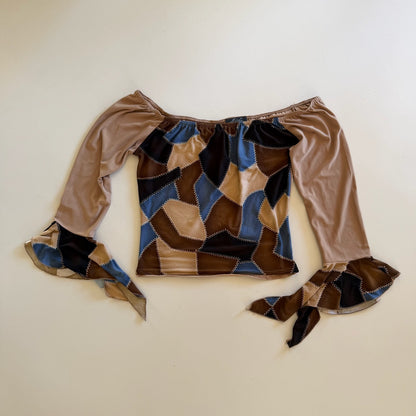 French vintage brown & blue patchwork print top with off shoulder neckline and flared sleeves