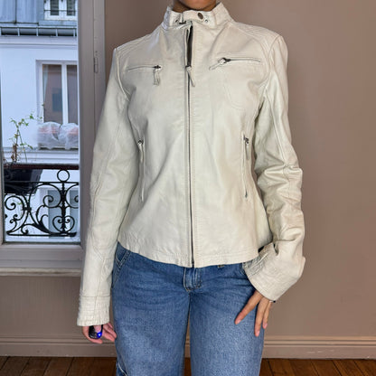 Vintage 90s Fitted White Leather Moto Jacket (S/M)