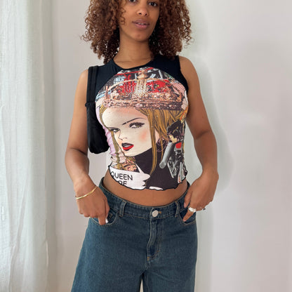 Vintage Graphic Rhinestone Tank Top Y2K Pop Art Queen Top (S) ⠀