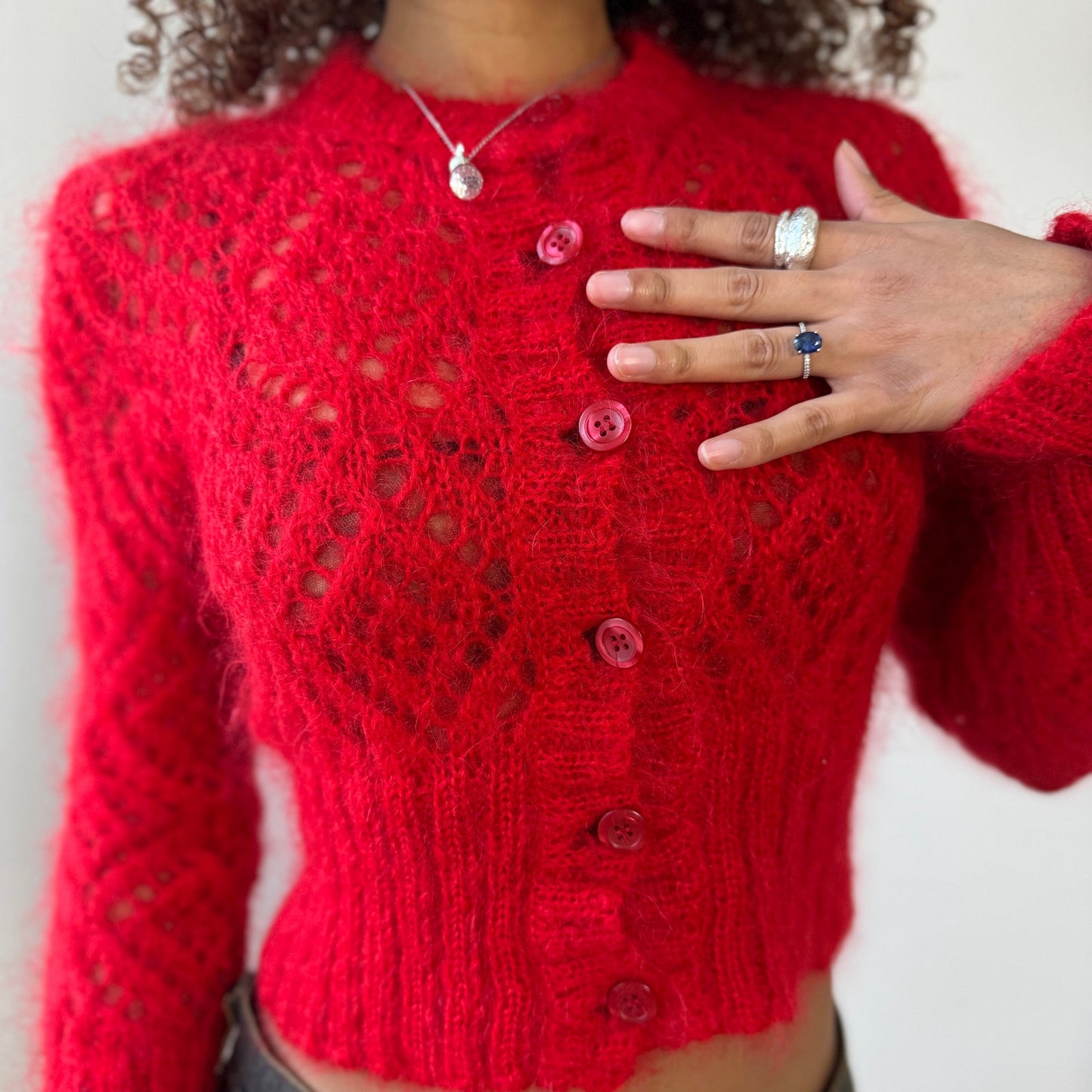 Italian Vintage 90s Red Mohair Wool Cropped Cardigan Open Knit (XS/S)
