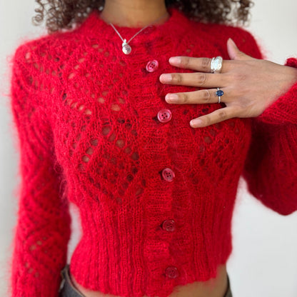 Italian Vintage 90s Red Mohair Wool Cropped Cardigan Open Knit (XS/S)
