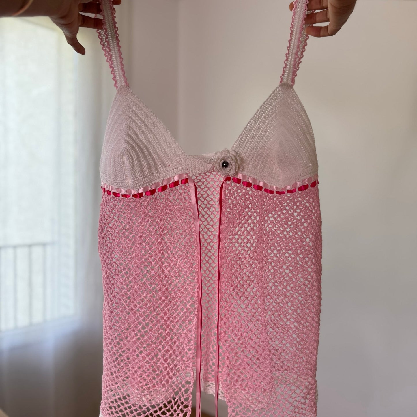 Vintage White Pink Crochet Knit Halter Top Open Front Floral Boho Y2K (S)