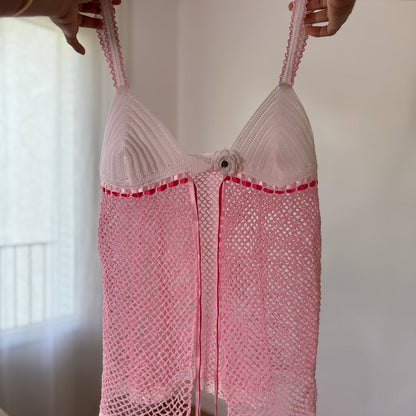 Vintage White Pink Crochet Knit Halter Top Open Front Floral Boho Y2K (S)