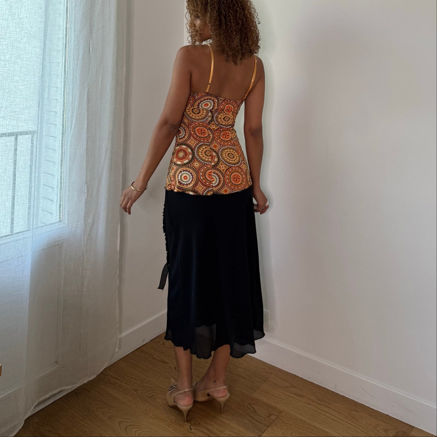 Vintage Orange Brown Paisley Mesh Cami Top Tie Front Italian Y2K (S)