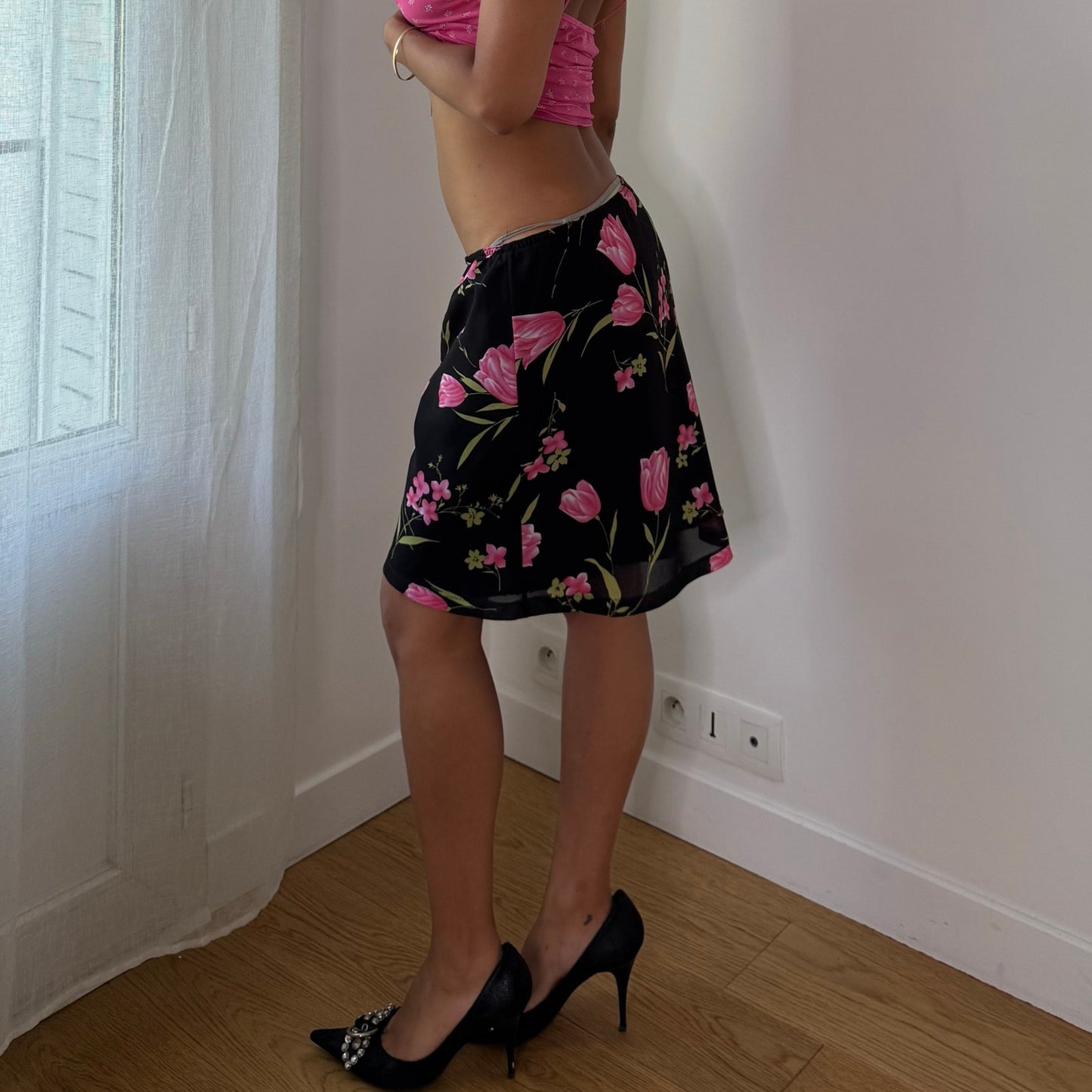 Vintage Black Tulip Print Mesh Midi Skirt Double Layer Y2K (S/M)