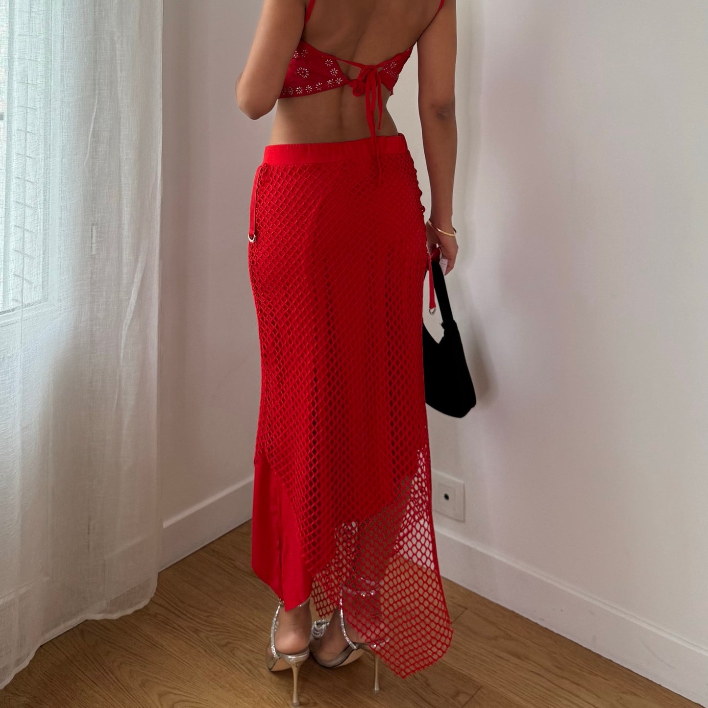 Vintage Red Fishnet Maxi Skirt Slinky Layered Y2K (S)