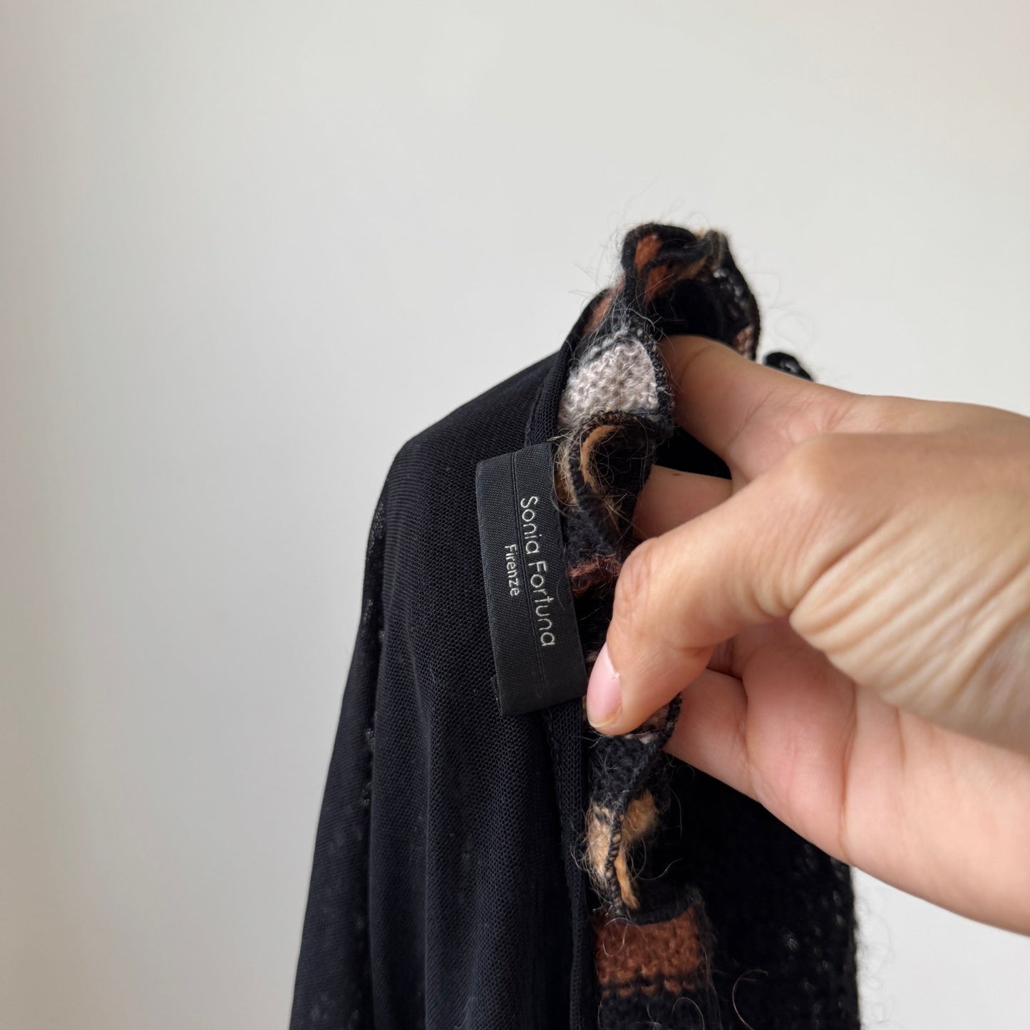 Vintage Italian black wool mohair 2 piece set with embroidered cami and ruffle trim cropped cardigan by Sonia Fortuna (S/M)