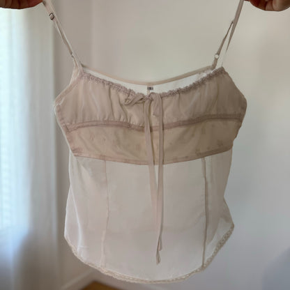 Vintage White Sheer Mesh Lace Ruched Cami Top Y2K (S)