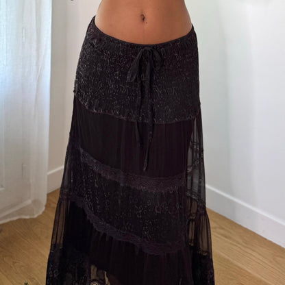 Vintage Dark Brown Lace Tiered Maxi Skirt Italian Boho Y2K (S/M)