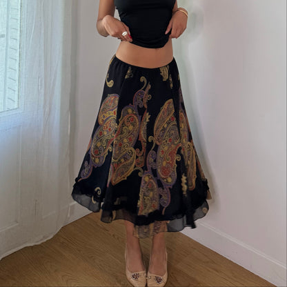 Vintage Black Paisley Mesh Midi Skirt Sheer Double Layer Italian Y2K (S)
