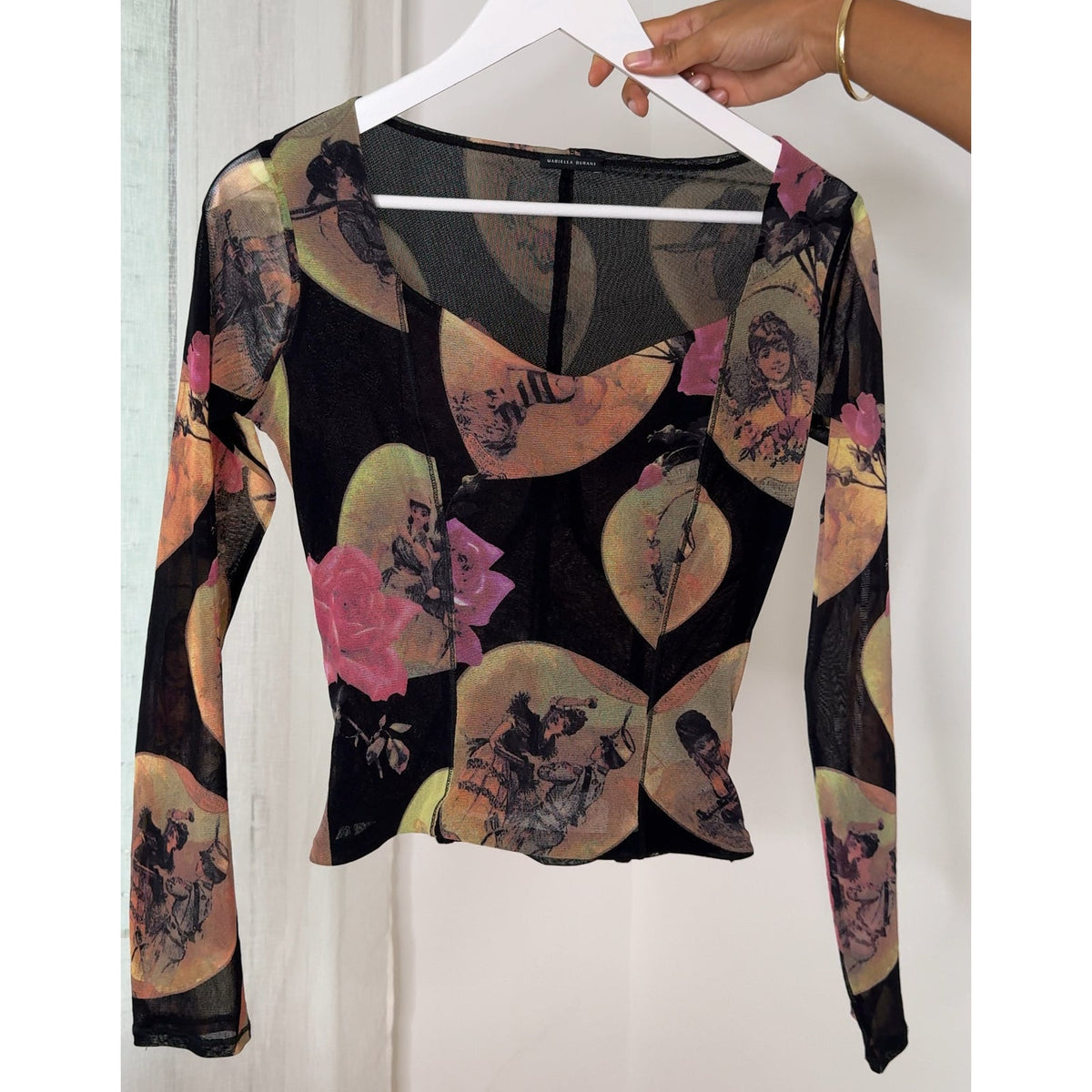 Mariella Burani Italian vintage Y2K black portrait print mesh top with Victorian medallions, pink roses & structured bust cups