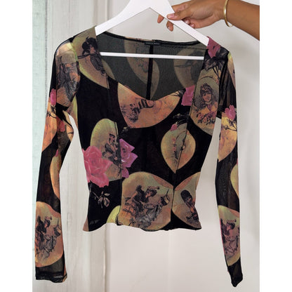 Mariella Burani Italian vintage Y2K black portrait print mesh top with Victorian medallions, pink roses & structured bust cups