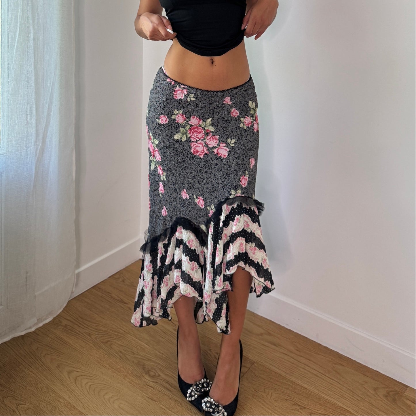 Vintage Black Pink Floral Mesh Asymmetrical Midi Skirt Euro Y2K (S)