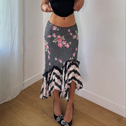 Vintage Black Pink Floral Mesh Asymmetrical Midi Skirt Euro Y2K (S)