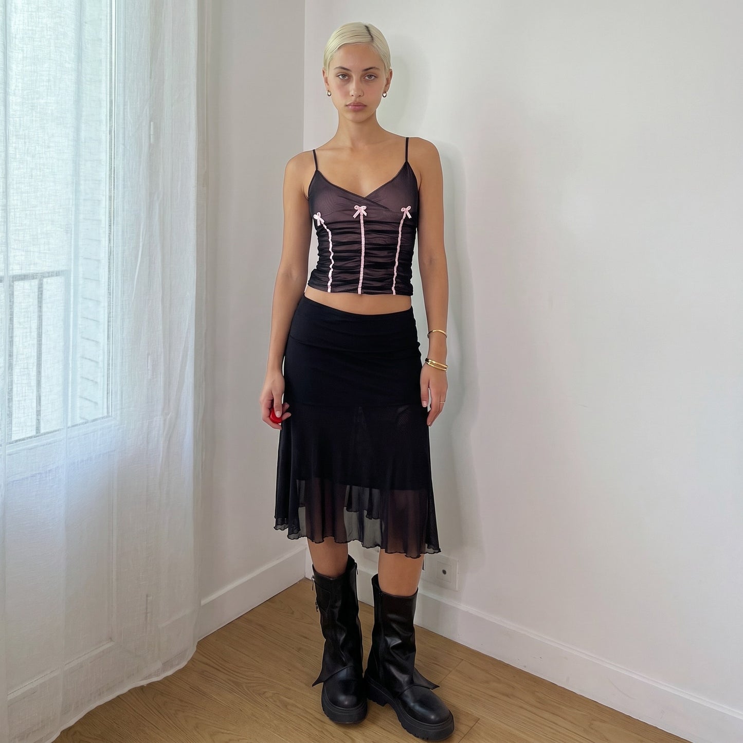 Vintage Italian Pink Black Ruched Mesh Cami Top Y2K (S)