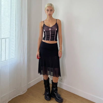 Vintage Italian Pink Black Ruched Mesh Cami Top Y2K (S)