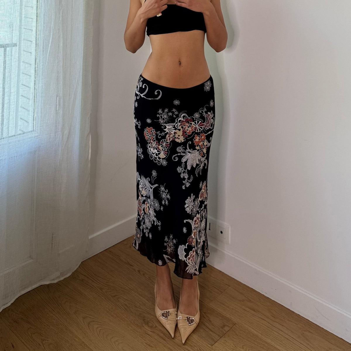 Vintage Italian Black Floral Sheer Mesh Midi Skirt (S)