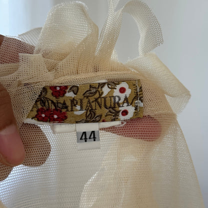 Vintage Italian cream ruffle applique sheer mesh tie-front top (Small/Medium)